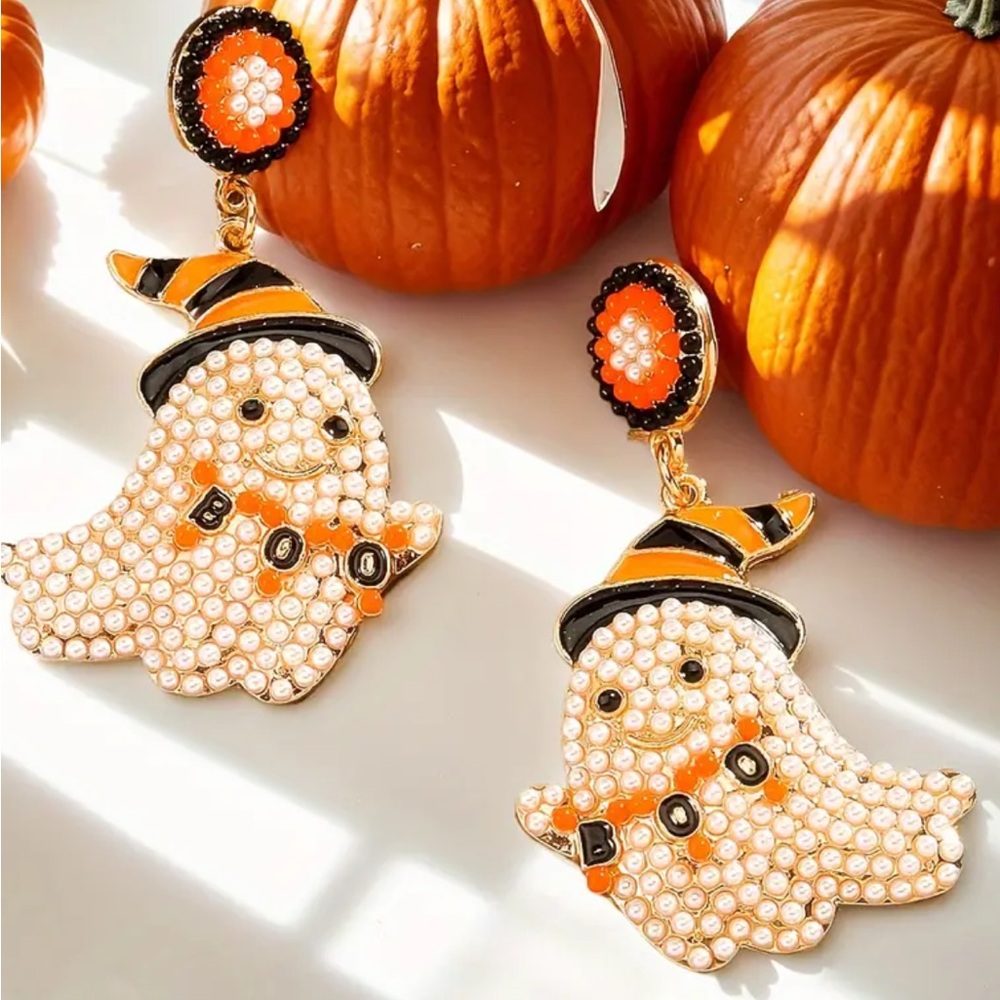 Ghost with Witch Hat Beaded Earrings 👻